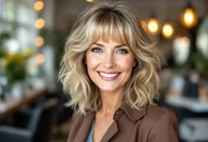 “Coupe cheveux mi long dégradé effilé avec frange : Tendance 60 ans”